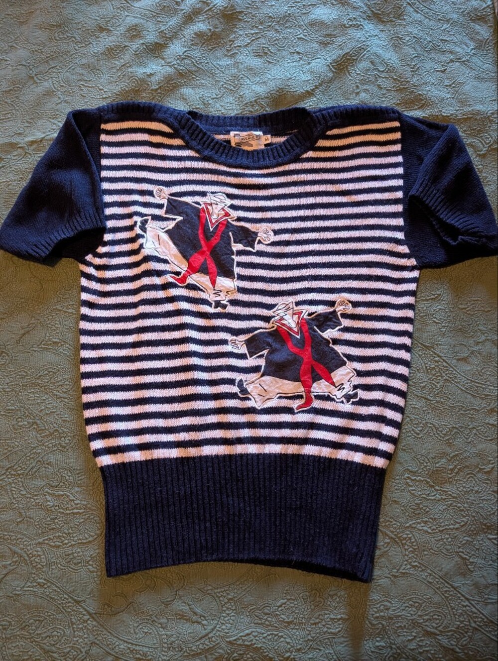 Vintage Avenue B Navy and White Striped Sailor Crewneck Sweater with Red Accents